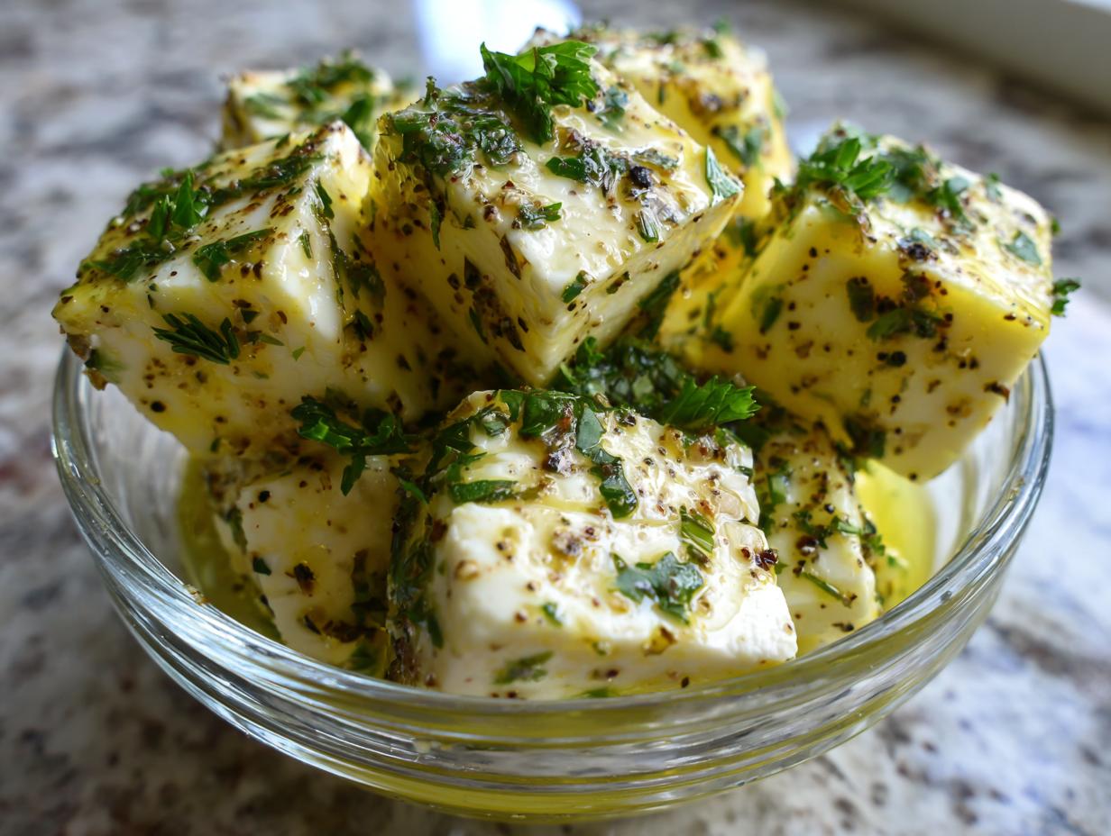 Close-up of cubes of marinated cheese soaking in olive oil and covered with herbs and spices.