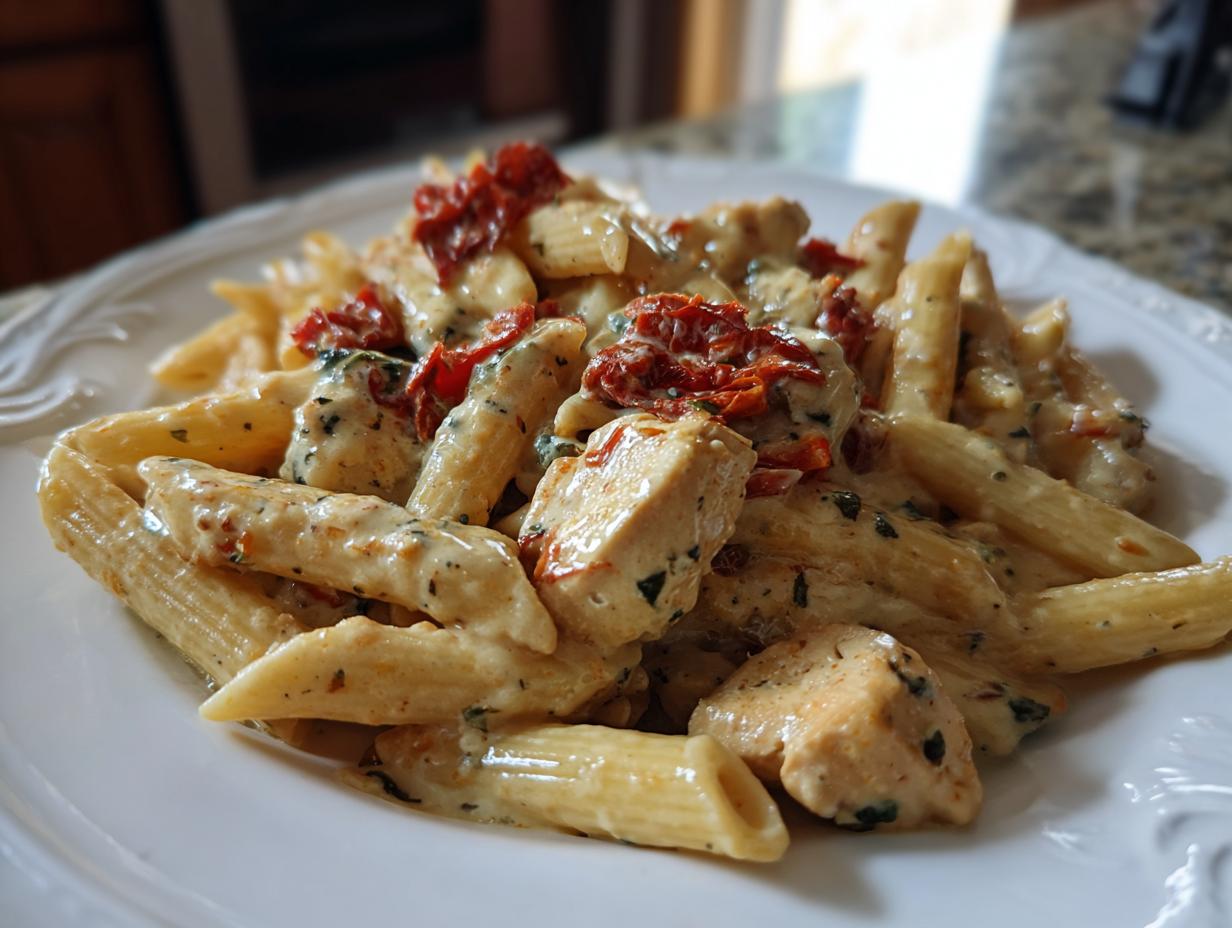 Close-up of a serving of Marry Me Chicken Pasta featuring penne, chicken pieces, and sun-dried tomatoes in a creamy sauce.