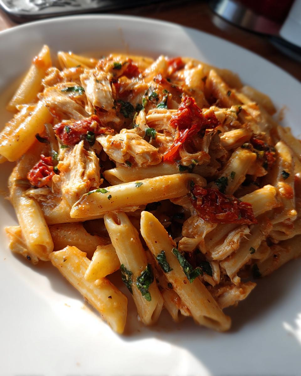 A close-up, sunlit shot of creamy Marry Me Chicken Pasta featuring penne, shredded chicken, and sun-dried tomatoes.