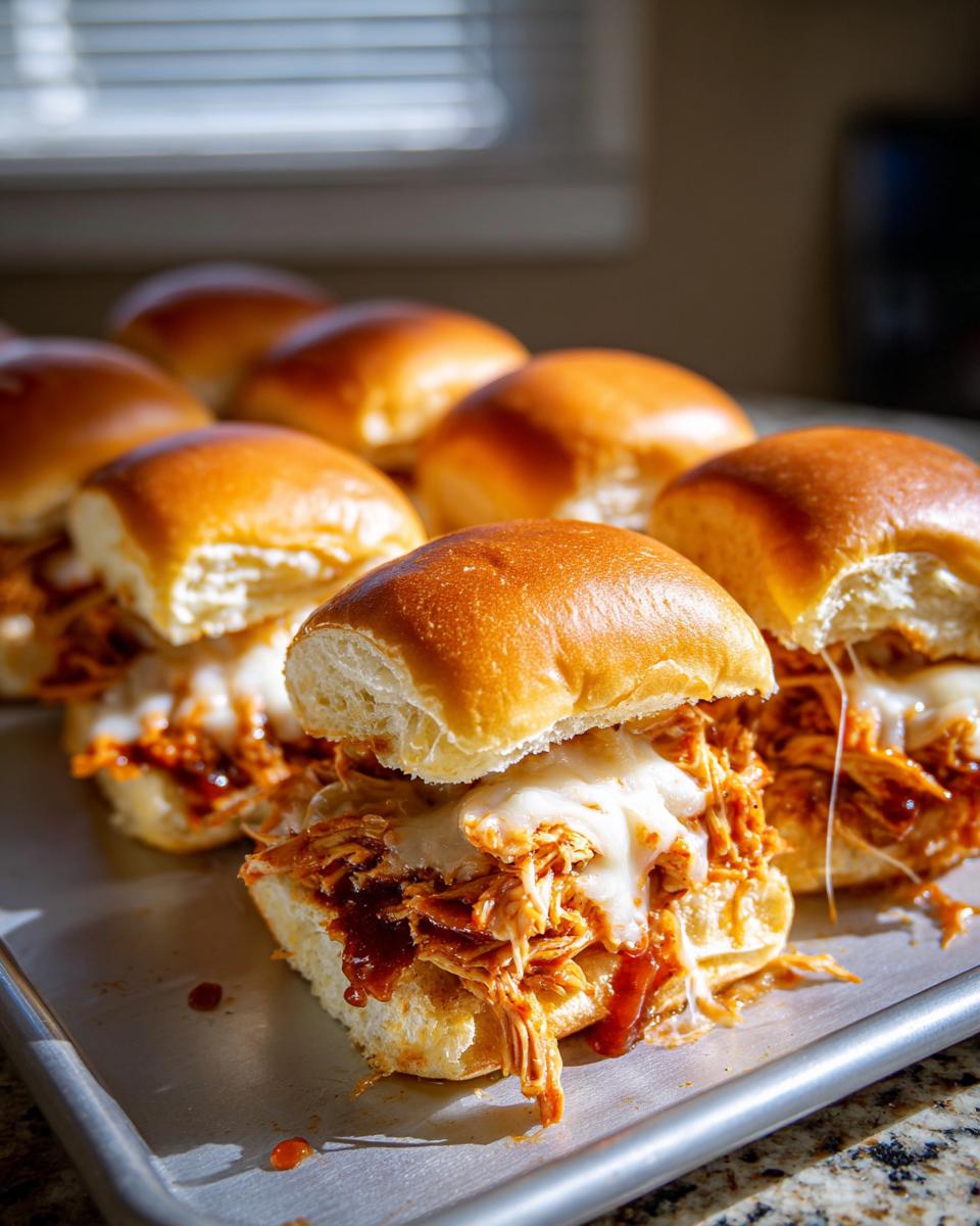 Close-up of several freshly baked bbq chicken sliders topped with melted white cheese on a metal baking sheet.