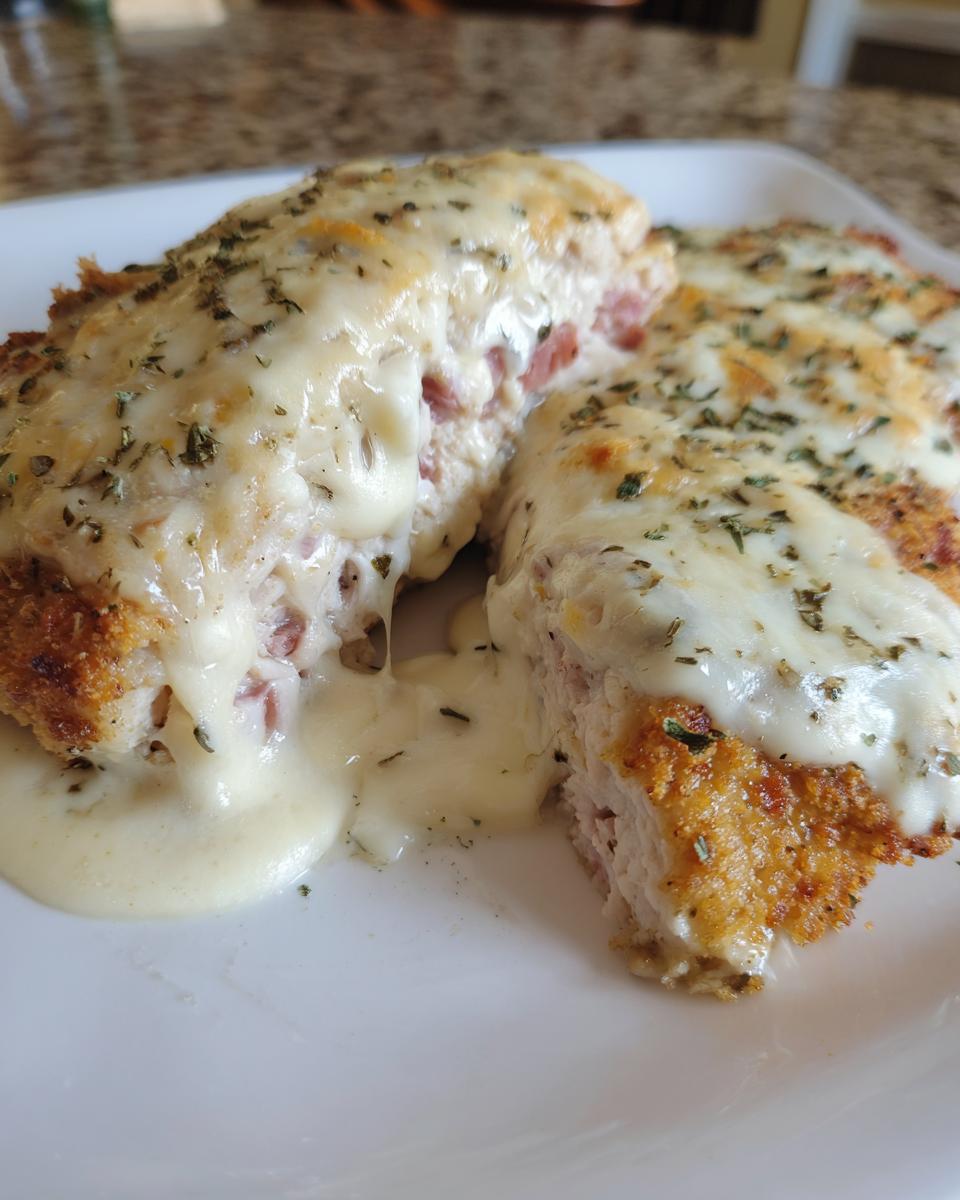 Close-up of a breaded chicken cordon bleu cut open, revealing ham and cheese filling with melted cheese sauce on top.