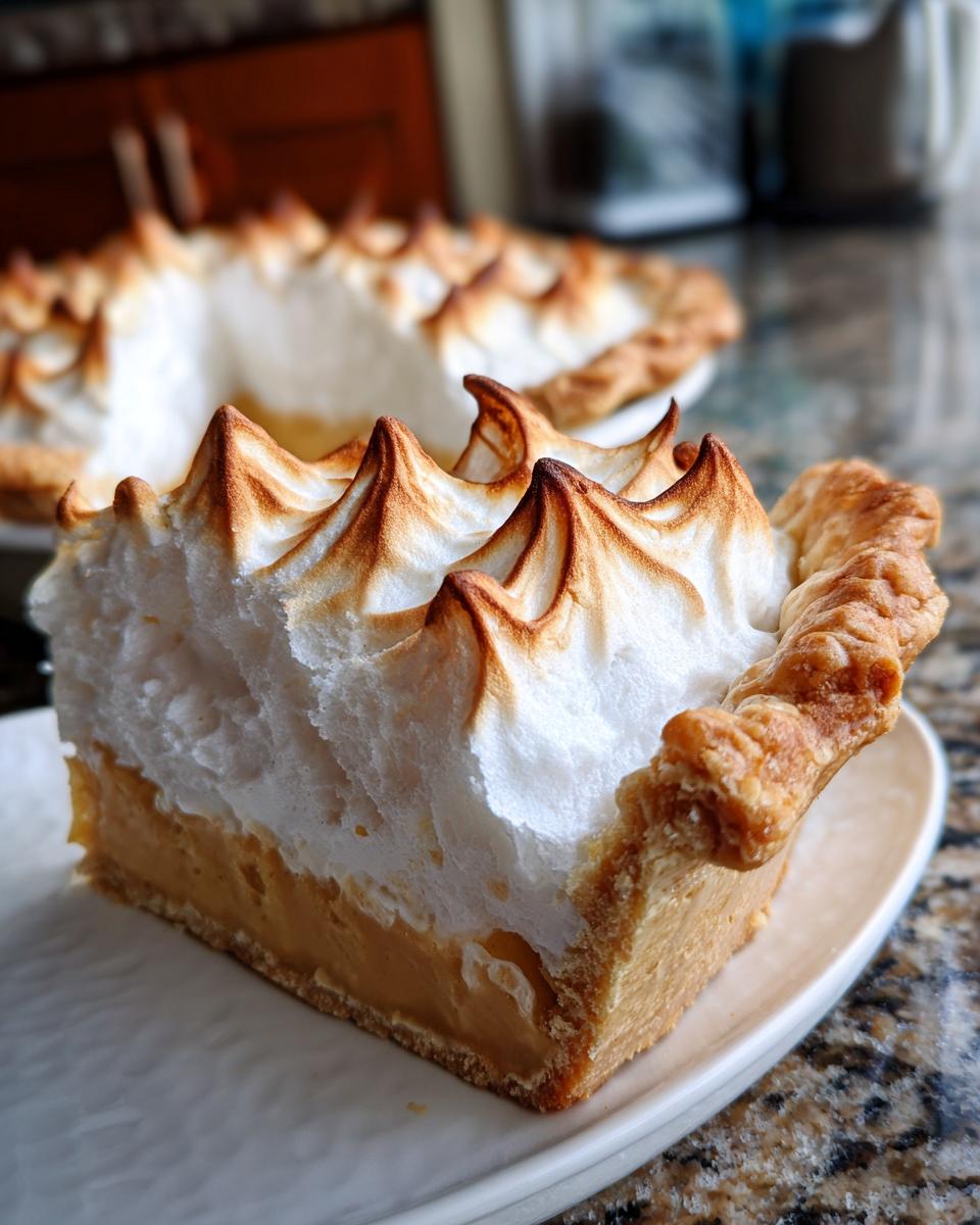 A thick slice of butterscotch pie with a golden crust and towering, torched meringue topping.