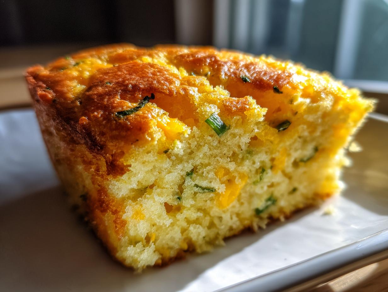 A close-up, sunlit shot of a moist slice of Mexican cornbread flecked with cheese and green herbs.