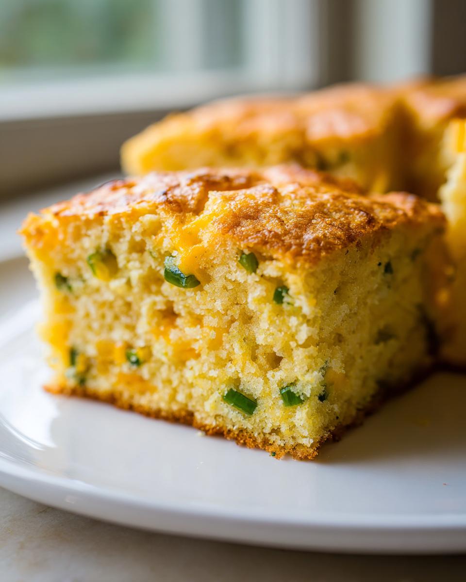 Close-up of a moist slice of Mexican cornbread featuring visible chunks of melted cheese and green jalapeño pieces.