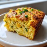 Close-up of a golden slice of Mexican cornbread, studded with corn kernels and topped with fresh green chives.