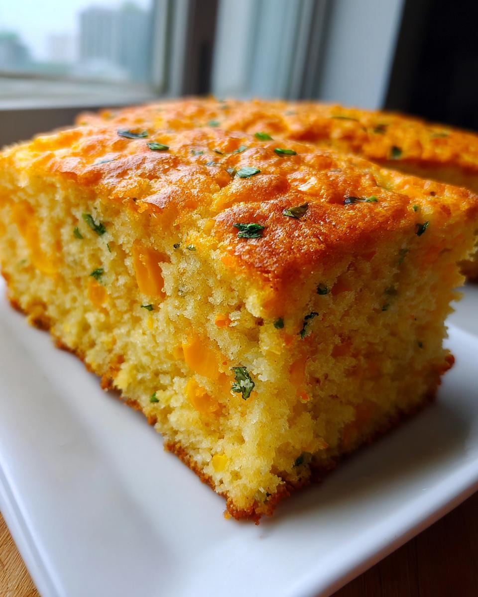 Close-up of a thick, golden slice of Mexican cornbread studded with corn kernels and topped with green herbs.