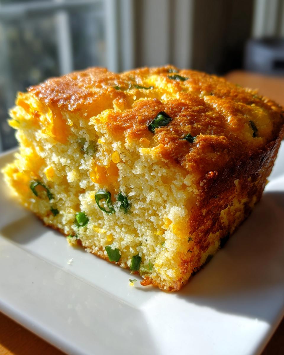 Close-up of a golden slice of Mexican cornbread featuring visible pieces of cheese and green jalapeño slices.