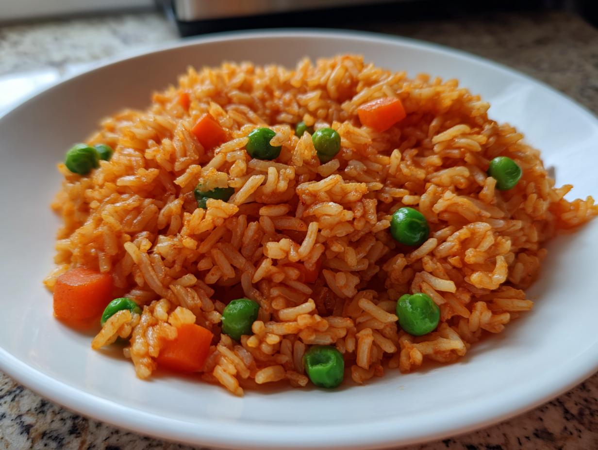 Close-up of a serving of bright orange Mexican rice mixed with green peas and diced carrots on a white plate.