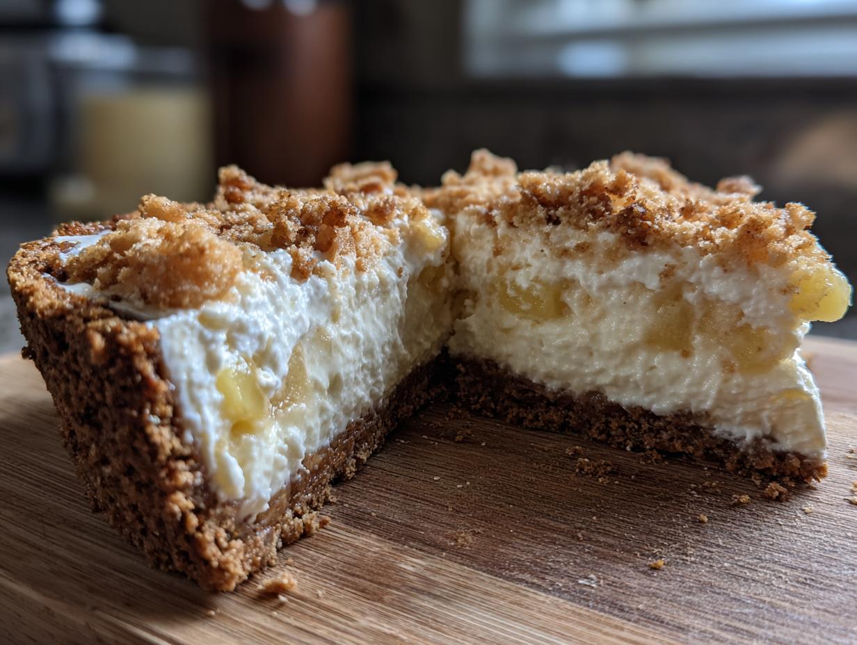 A close-up cross-section view of a rich million dollar pie showing the dark crust, creamy filling with banana pieces, and crumb topping.