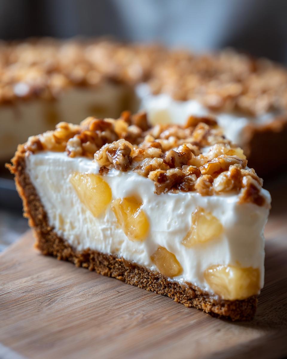 A close-up slice of million dollar pie showing a graham cracker crust, creamy filling with pineapple chunks, and a pecan topping.