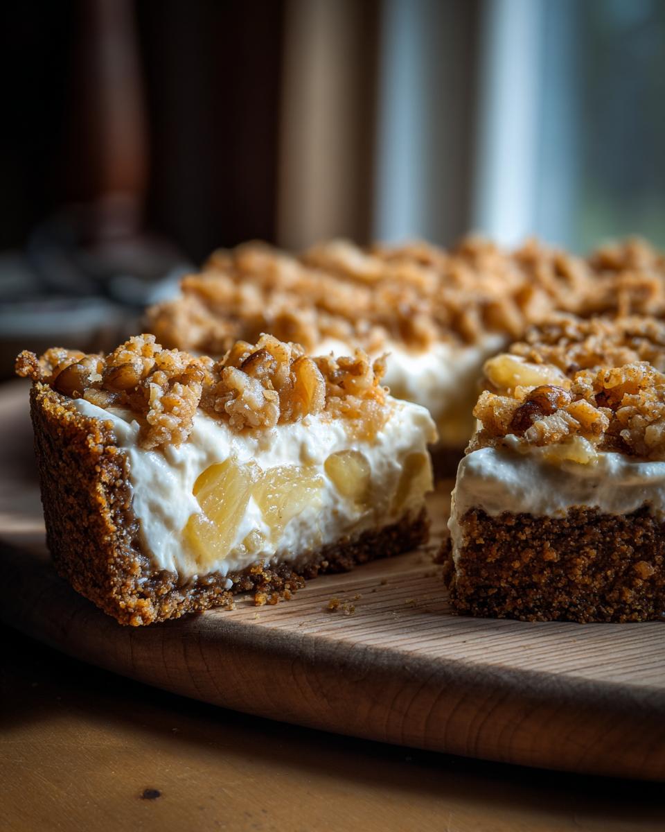 Close-up of a slice of million dollar pie showing a graham cracker crust, creamy filling with pineapple chunks, and a crunchy nut topping.