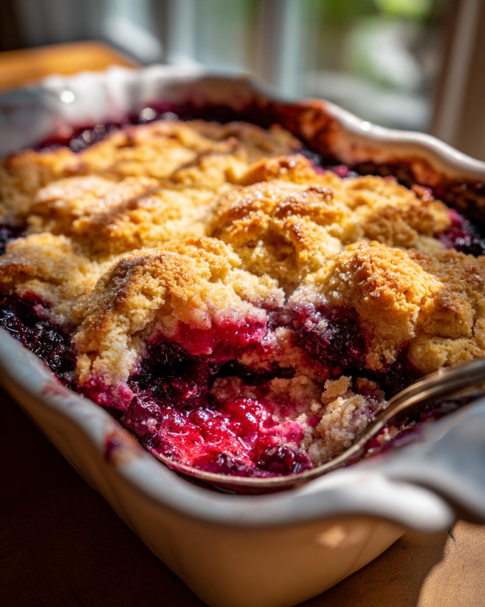Close-up of a warm mixed berry cobbler in a white baking dish, showing bubbly fruit filling and a golden, sugared topping.