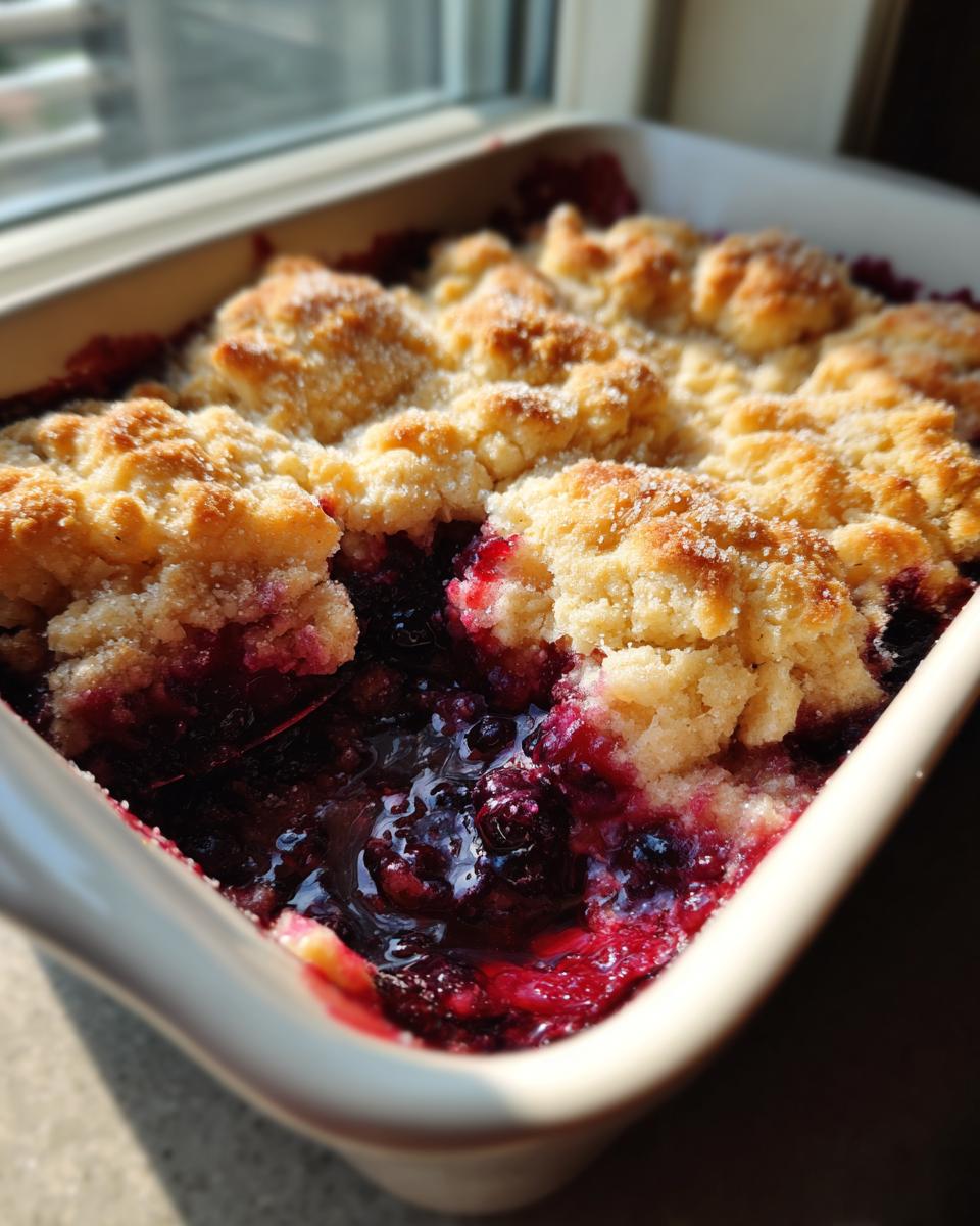 Close-up of a bubbling mixed berry cobbler with a golden, crumbly topping, served in a white baking dish.