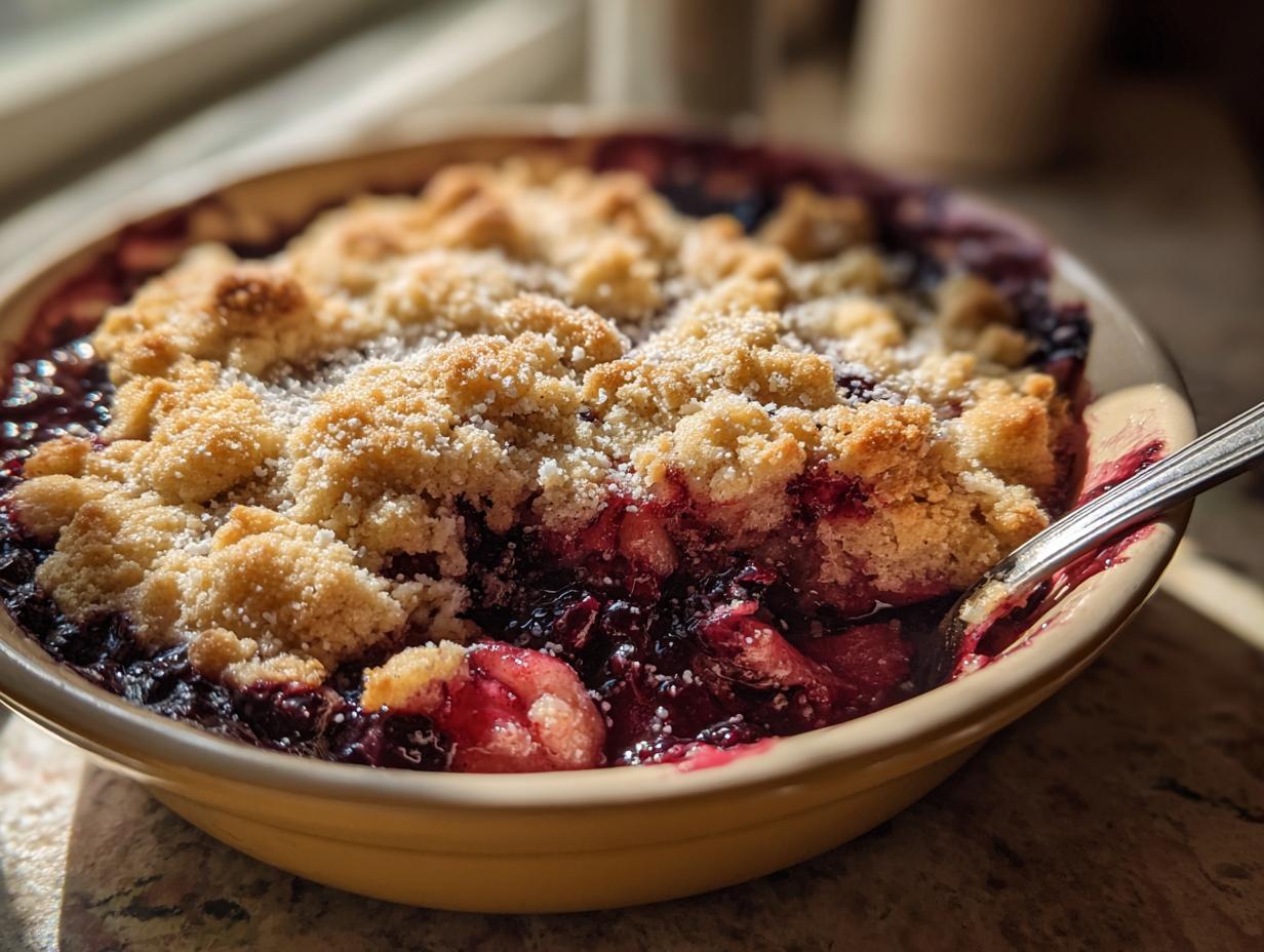 Close-up of a warm mixed berry cobbler in a yellow dish, featuring a crumbly, golden topping and bubbling fruit filling.