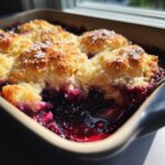 Close-up of a bubbling mixed berry cobbler with golden biscuit topping sprinkled with sugar.