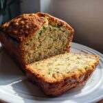 A freshly baked loaf of banana zucchini bread, partially sliced, showing moist texture and visible zucchini shreds and nuts.