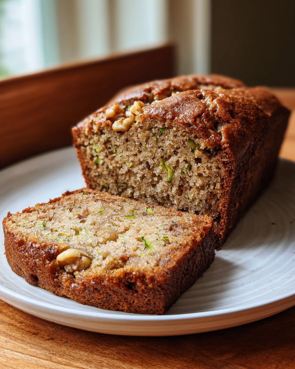 A sliced loaf of moist banana zucchini bread topped with walnuts resting on a white plate.