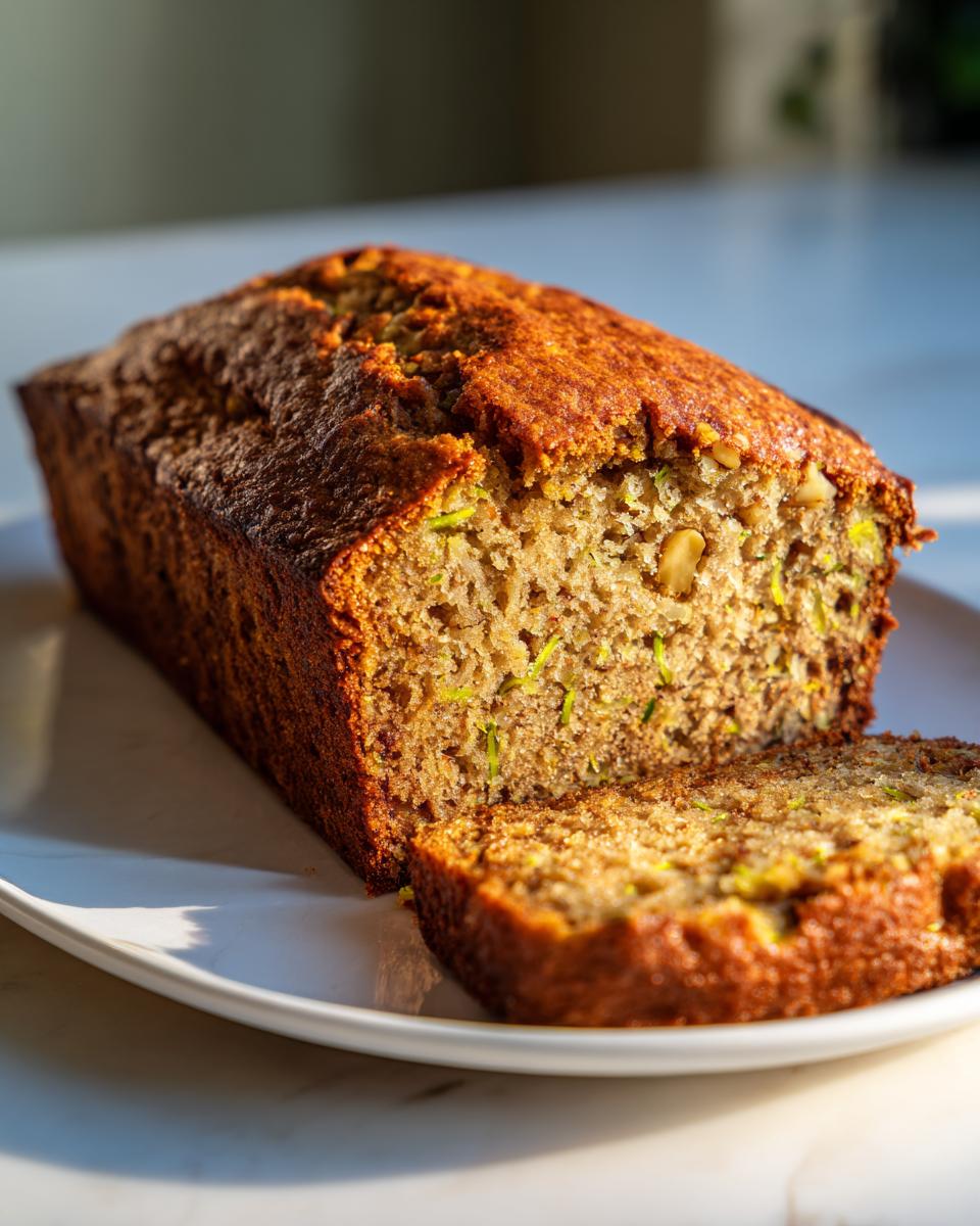 A freshly baked loaf of banana zucchini bread, partially sliced, showing moist crumb and visible zucchini shreds.