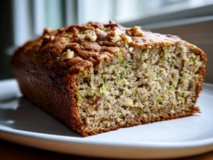Close-up of a freshly baked banana zucchini bread loaf, showing the moist crumb and walnuts on top.
