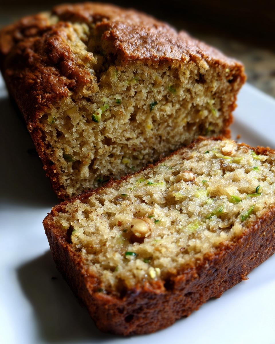 Close-up of moist banana zucchini bread, showing the crumb texture with visible shreds of green zucchini and nuts.