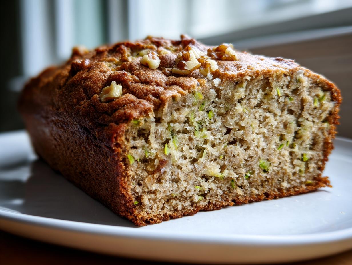 Close-up of a freshly baked banana zucchini bread loaf, showing the moist crumb and walnuts on top.