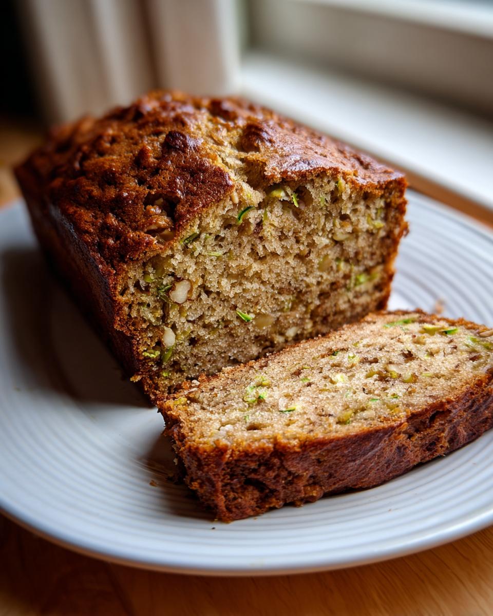 A loaf of moist banana zucchini bread with one slice cut, showing green zucchini shreds and nuts inside.