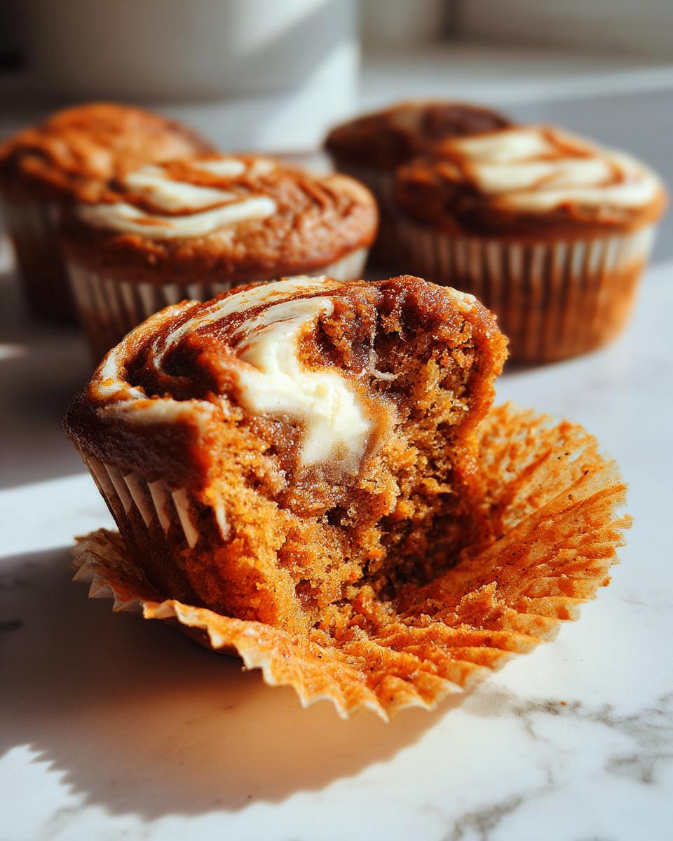 Close-up of a moist carrot cake muffin broken open, revealing a cream cheese center swirl.