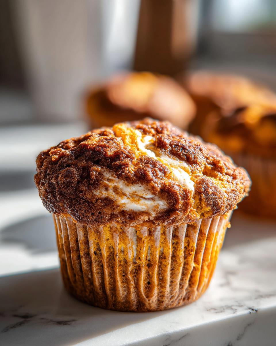 Close-up of a freshly baked carrot cake muffin featuring a visible cream cheese swirl baked into the top.