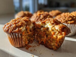 A moist carrot cake muffin broken in half showing a cream cheese center and visible shredded carrots inside.