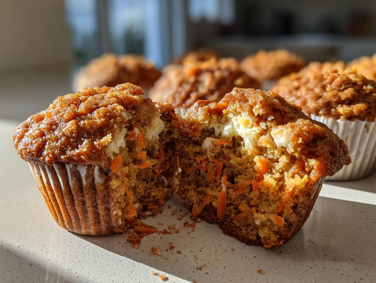 A moist carrot cake muffin broken in half showing a cream cheese center and visible shredded carrots inside.