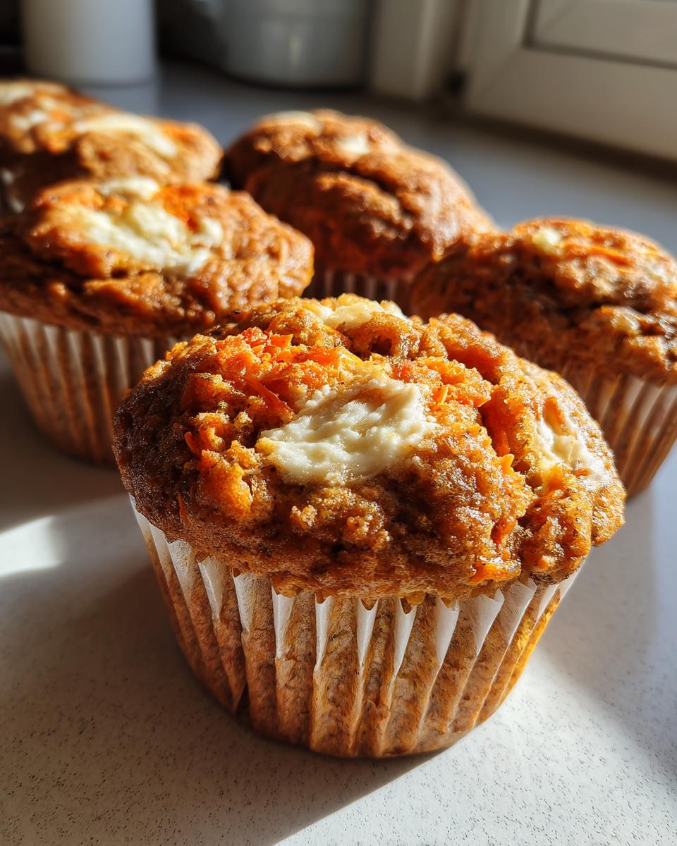 Close-up of a freshly baked carrot cake muffin featuring visible shredded carrots and a cream cheese swirl center.