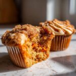 Close-up of a moist carrot cake muffin cut in half showing shredded carrots, topped with streusel, next to another frosted muffin.