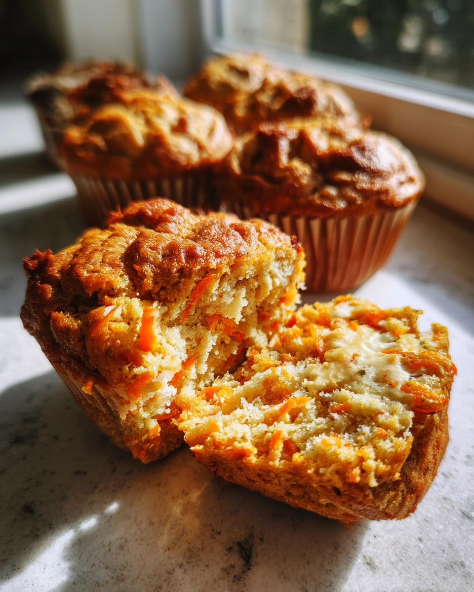 Close-up of a moist carrot cake muffins split in half, showing shredded carrots inside.