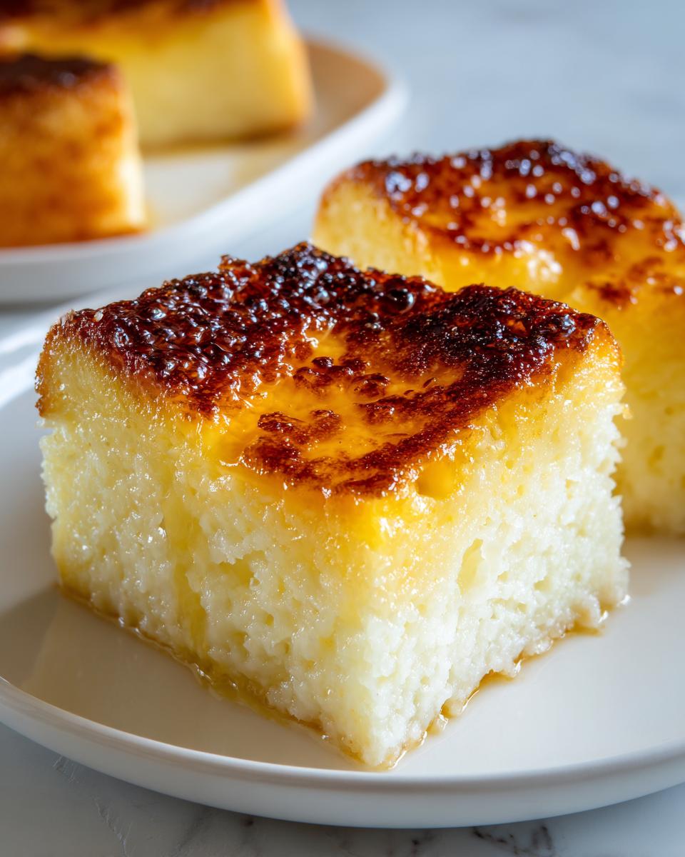 Close-up of a square slice of moist cassava cake with a caramelized, golden-brown top.