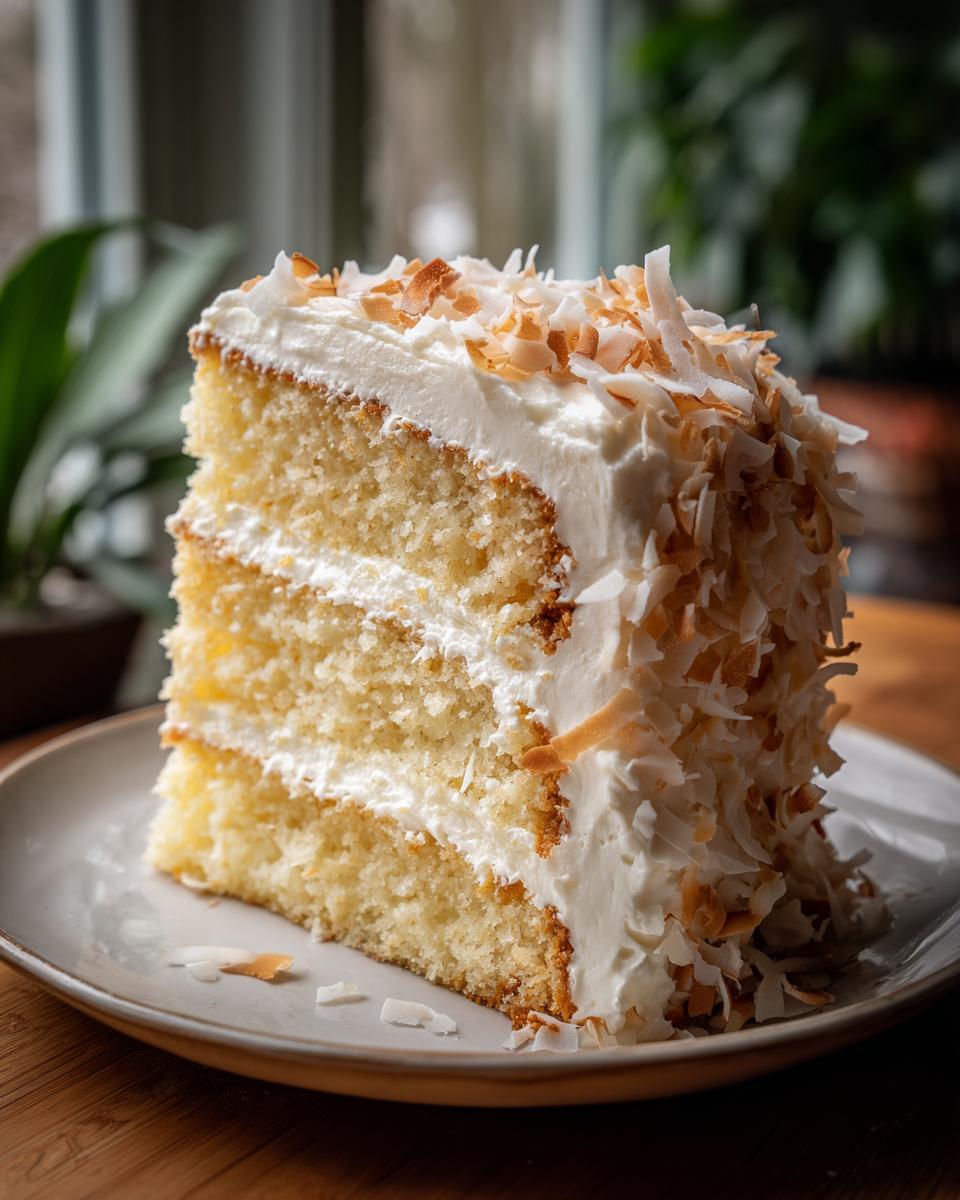 A tall slice of moist coconut cake recipe with three layers, white frosting, and topped with toasted coconut flakes.
