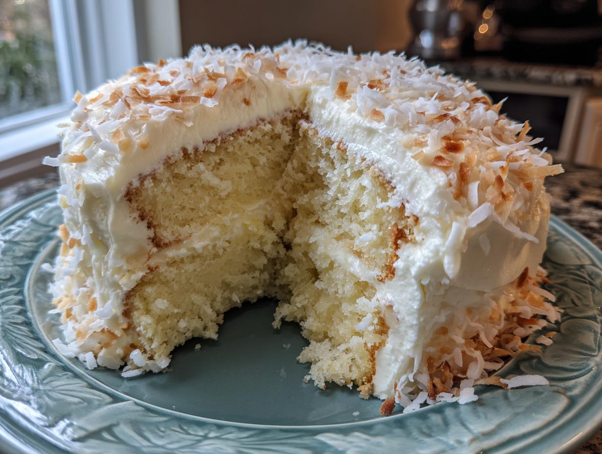 Close-up of a slice taken out of a fluffy coconut cake recipe, covered in white frosting and toasted coconut flakes.
