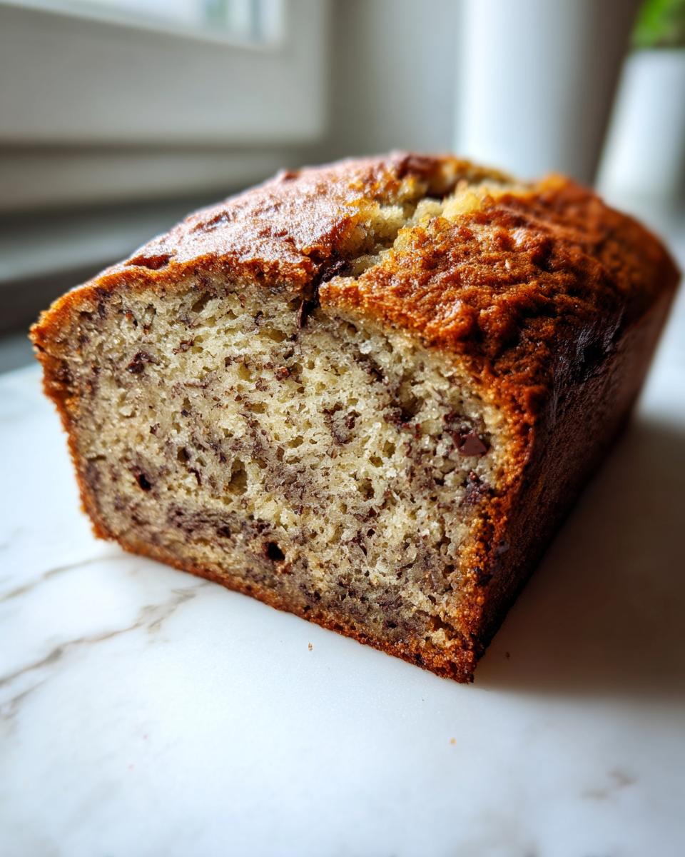 Close-up of a freshly baked loaf showing the moist crumb texture of the best banana bread.