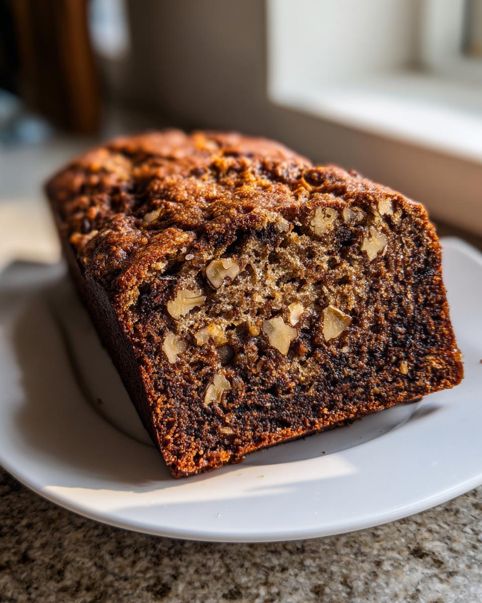 A close-up of a freshly baked loaf of dark, moist date nut bread topped with walnuts, resting on a white plate.