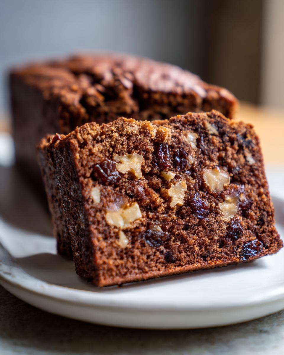 Close-up of a moist slice of dark date nut bread, showing visible walnuts and dried fruit pieces.