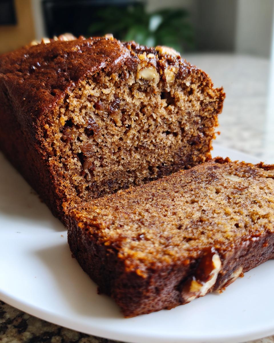 Close-up of a moist slice cut from a loaf of date nut bread, showing nuts on top and a rich brown interior.