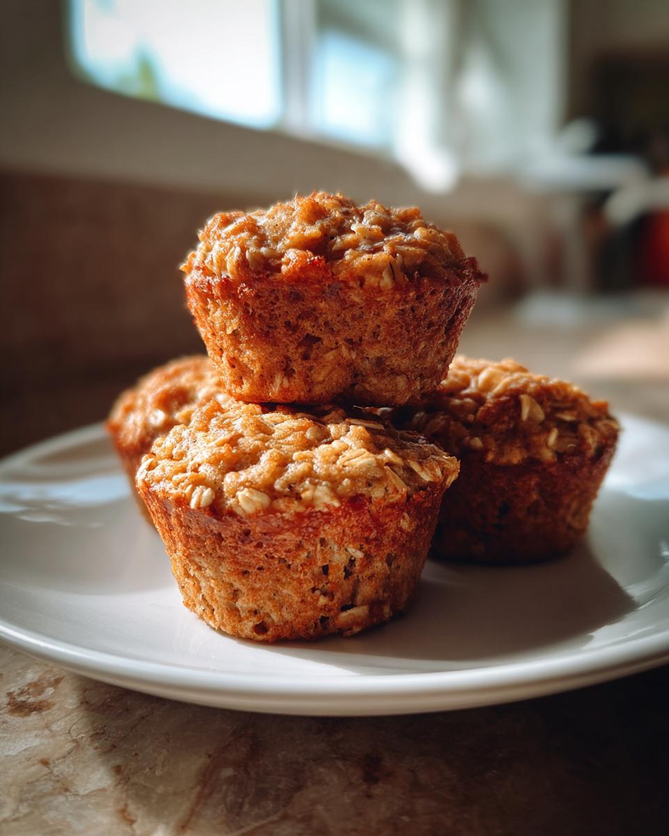 A close-up of three freshly baked, moist oatmeal muffins stacked on a white plate, catching warm sunlight.