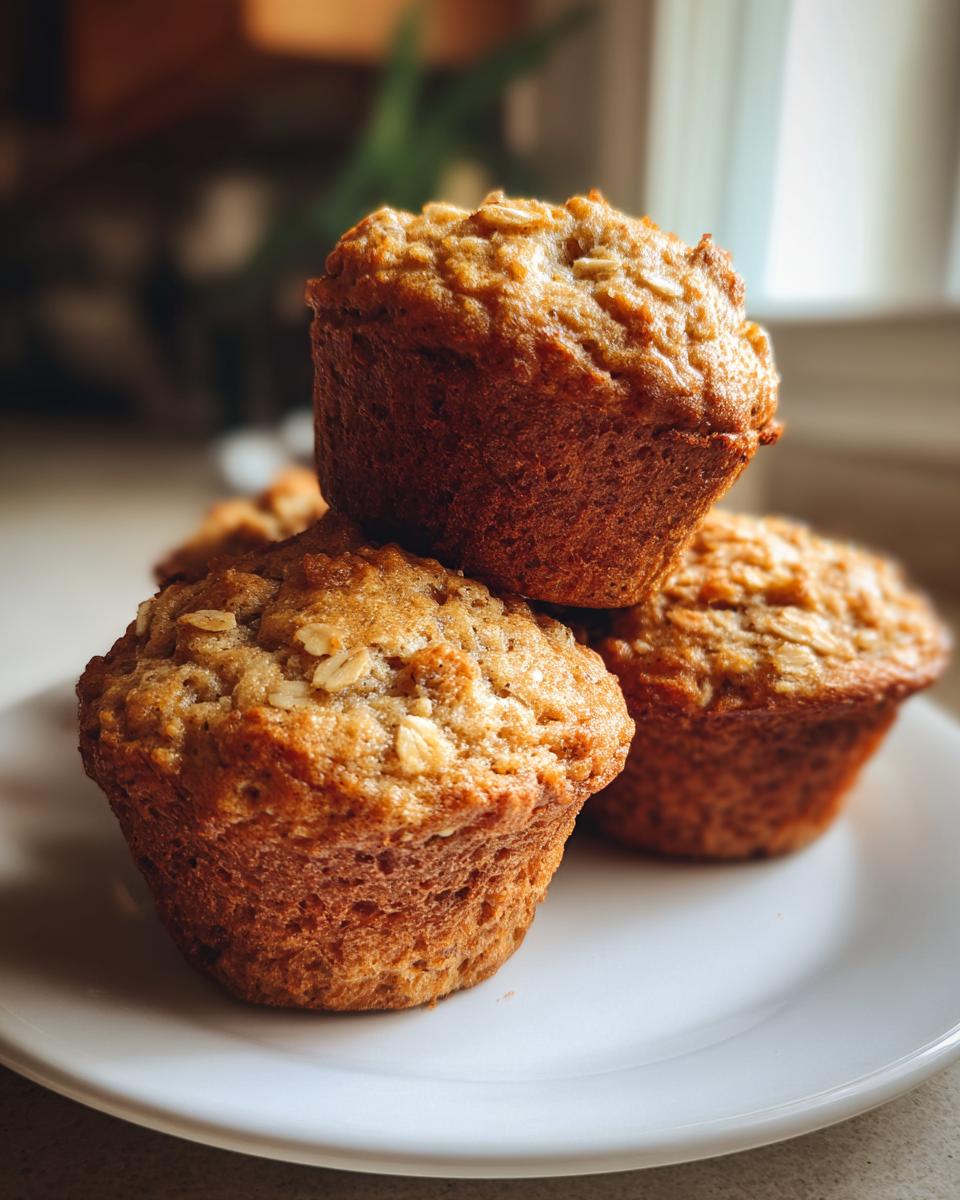 A stack of three golden brown, moist oatmeal muffins topped with visible oats, resting on a white plate.