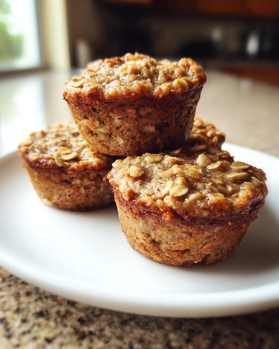 A close-up stack of three moist oatmeal muffins with visible oats on top, resting on a white plate.