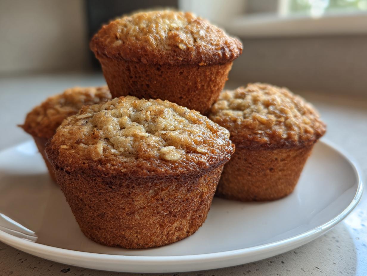 A close-up of four golden brown, moist oatmeal muffins stacked slightly on a white plate.