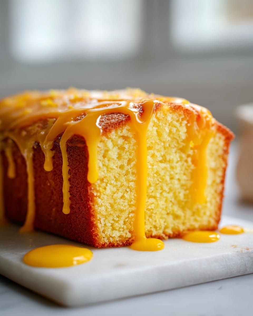 Close-up of a moist orange juice cake loaf with thick, bright orange glaze dripping down the sides.