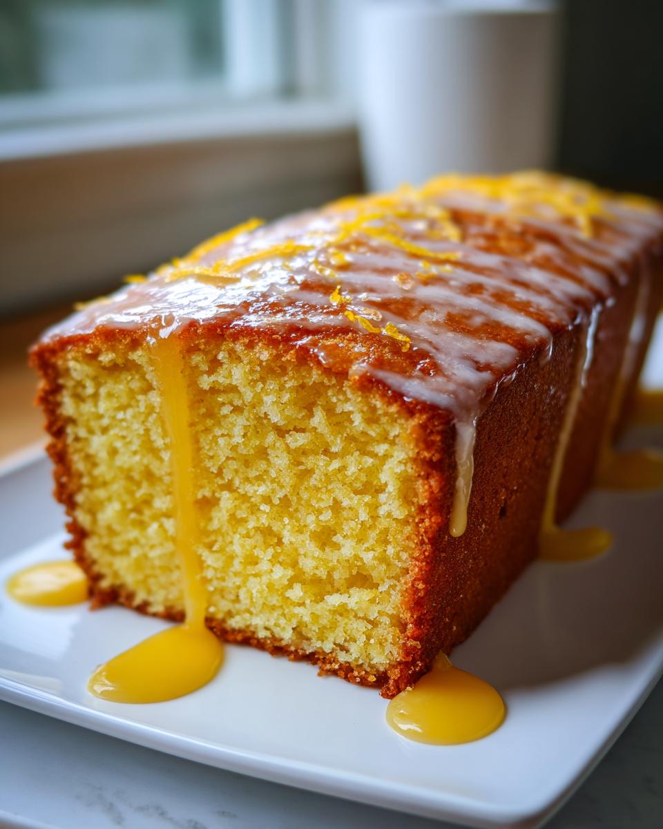 Close-up of a slice of moist orange juice cake with a white glaze and orange zest, dripping with extra orange syrup.