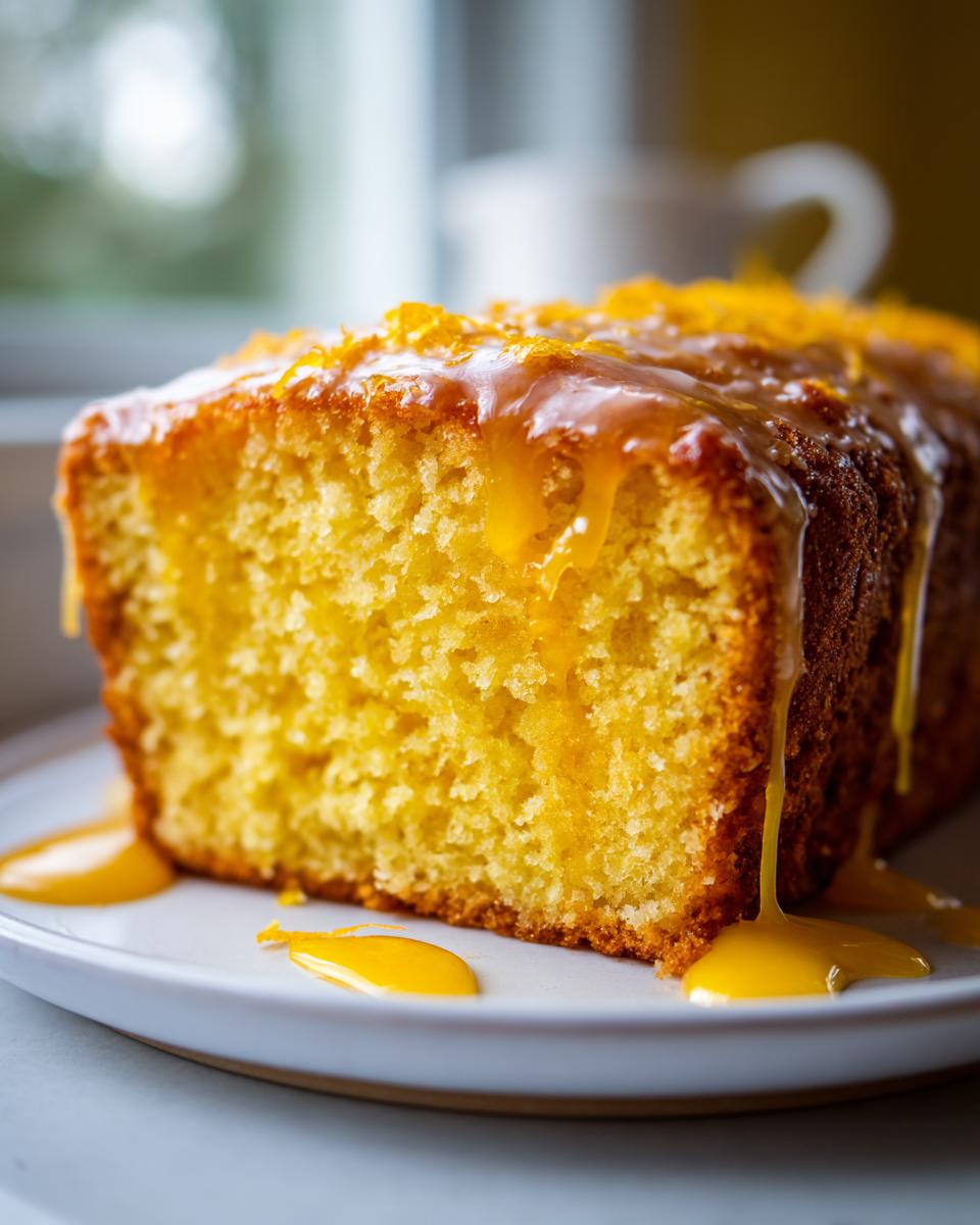 Close-up of a moist slice of orange juice cake topped with a thick orange glaze and zest.