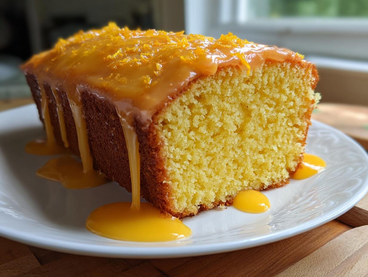 A close-up of a slice of moist orange juice cake, generously topped with a dripping orange glaze and zest.