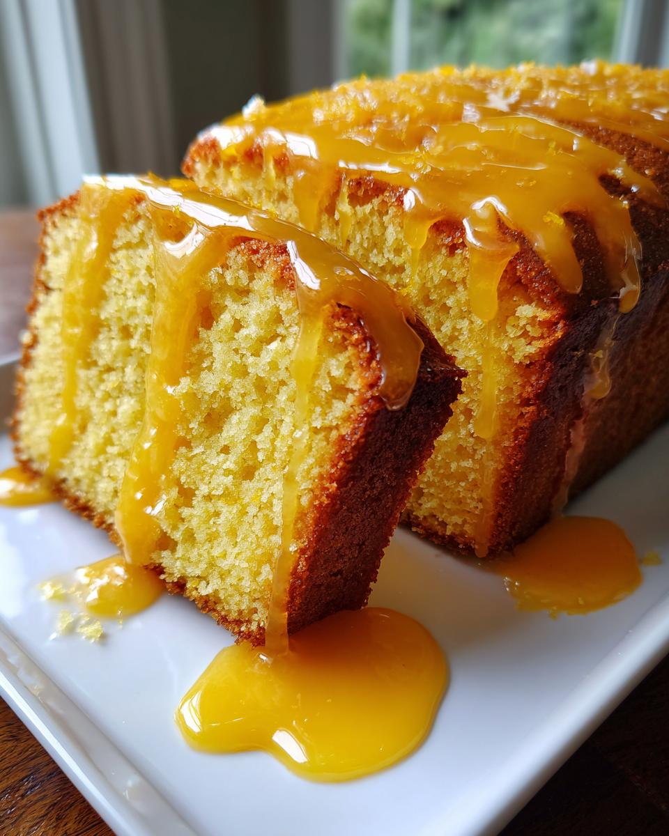 Close-up of moist orange juice cake, sliced and generously drizzled with bright orange glaze.