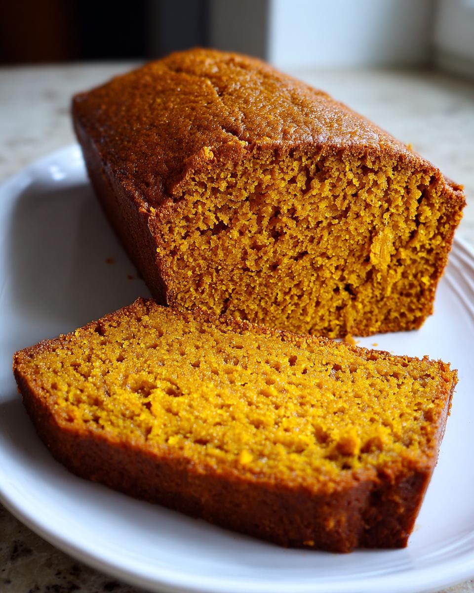A close-up of a moist, richly colored pumpkin bread loaf with one thick slice cut and resting in front of it on a white plate.